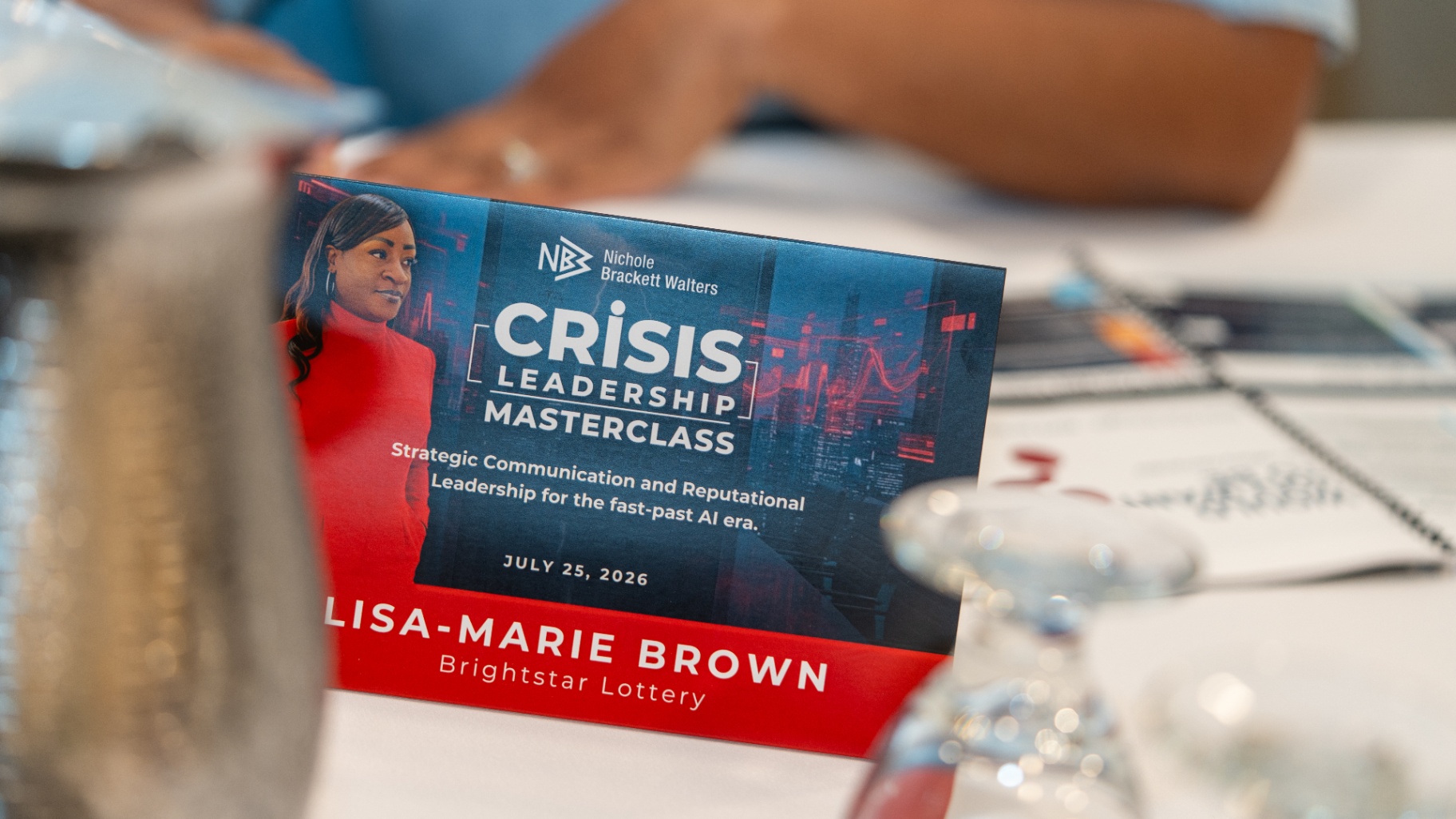 Crisis Leadership Masterclass table card and branding